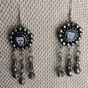 Ferret Earrings Handpainted Danglers Silvertone Metal Long Polecat Pet Artisan